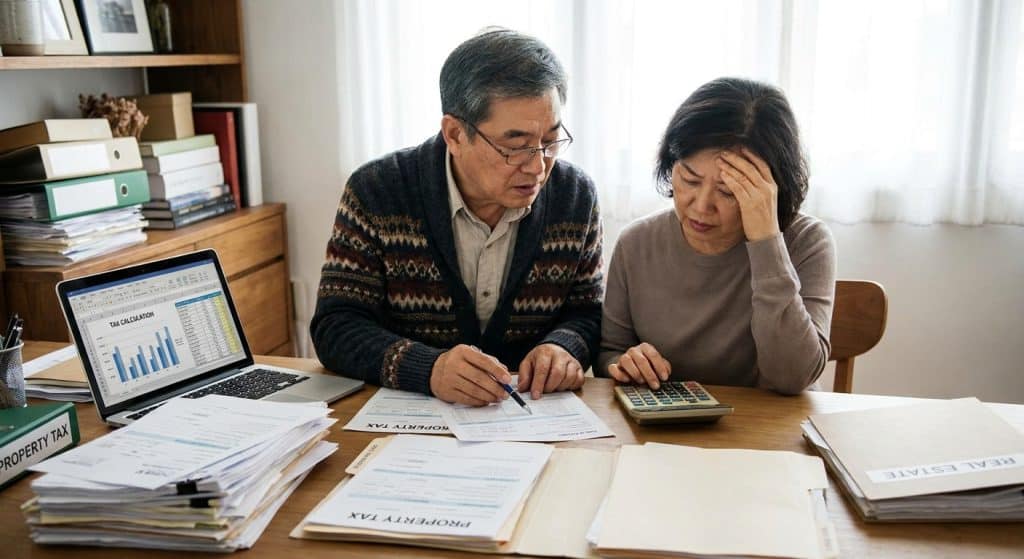 다주택자 양도세 중과 세금 계산을 검토하는 부부