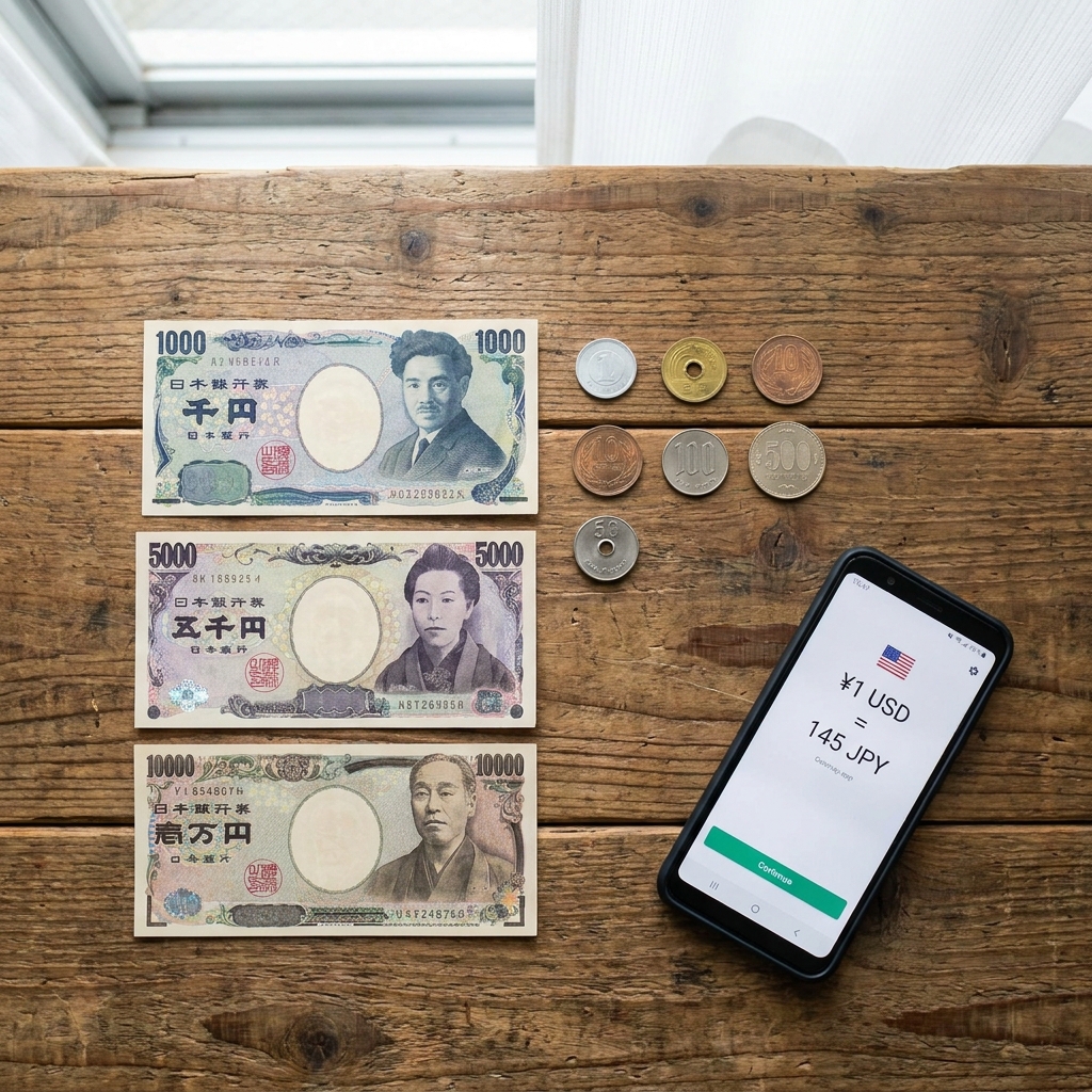 엔화 지폐와 환전 앱이 띄워진 스마트폰