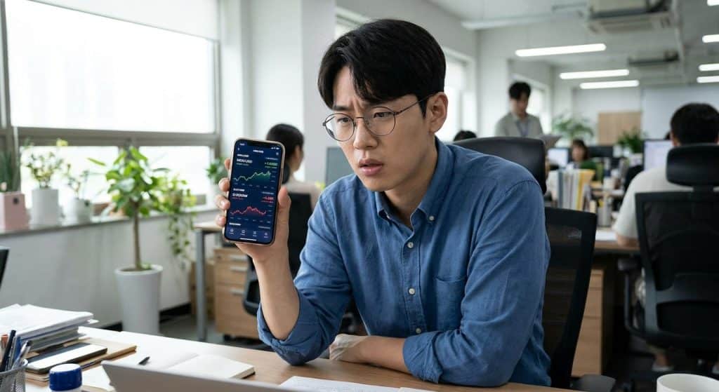 스마트폰으로 원달러 환율을 확인하는 직장인