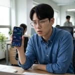 스마트폰으로 원달러 환율을 확인하는 직장인