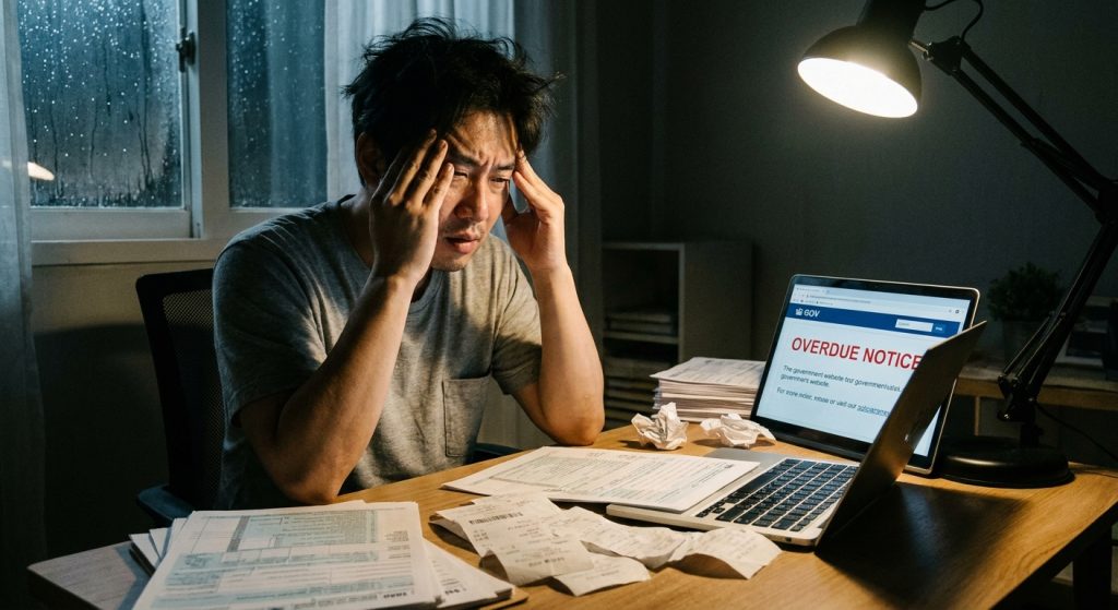종합소득세 신고 기한을 넘긴 직장인이 세금 고지서를 보며 당황하는 모습