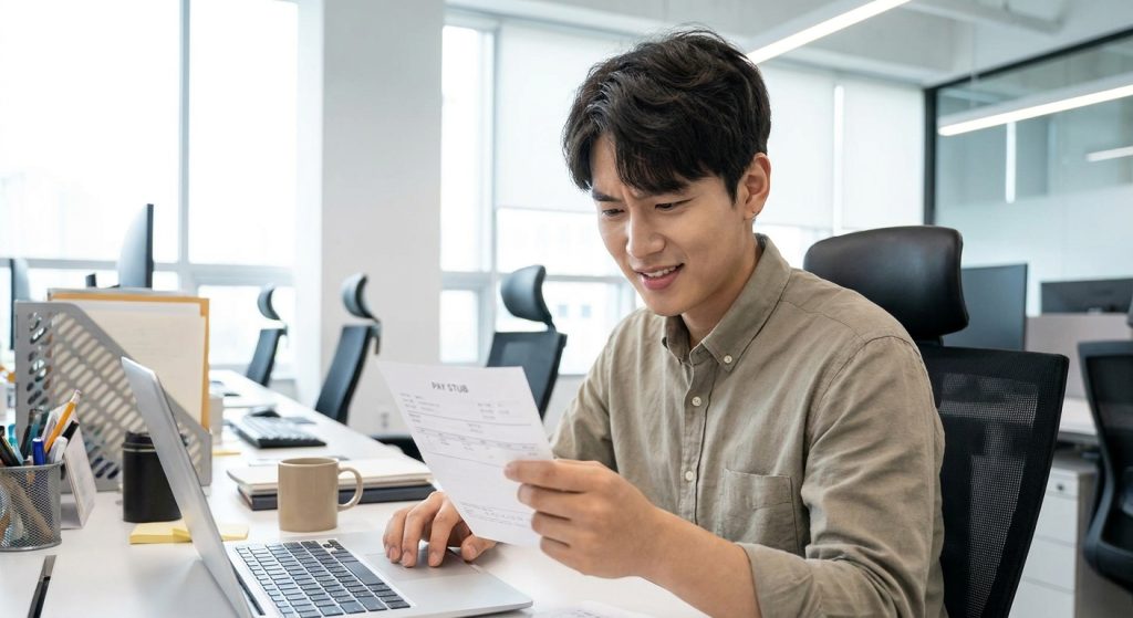 첫 월급명세서를 보며 국민연금 공제 항목을 확인하는 사회초년생