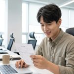 첫 월급명세서를 보며 국민연금 공제 항목을 확인하는 사회초년생