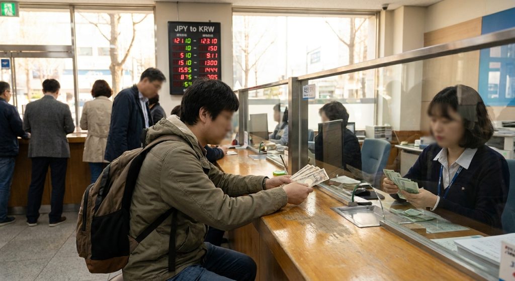 은행 창구에서 엔화를 원화로 재환전하는 모습