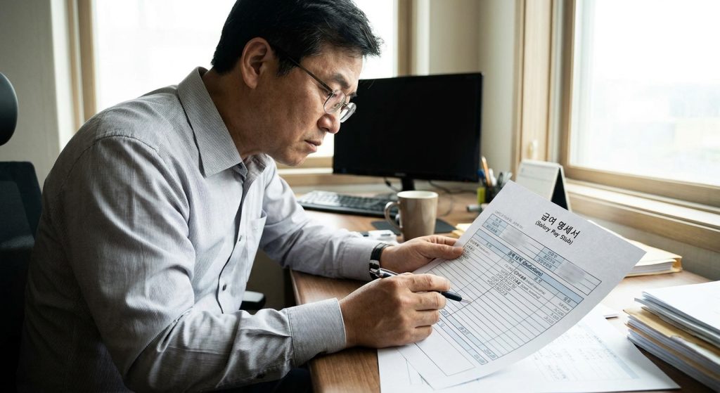 직장인이 급여명세서 건강보험료 공제액을 확인하는 모습