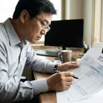 직장인이 급여명세서 건강보험료 공제액을 확인하는 모습
