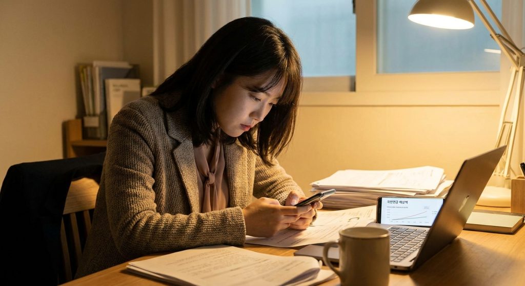 직장인이 스마트폰으로 국민연금 예상 수령액을 조회하는 모습